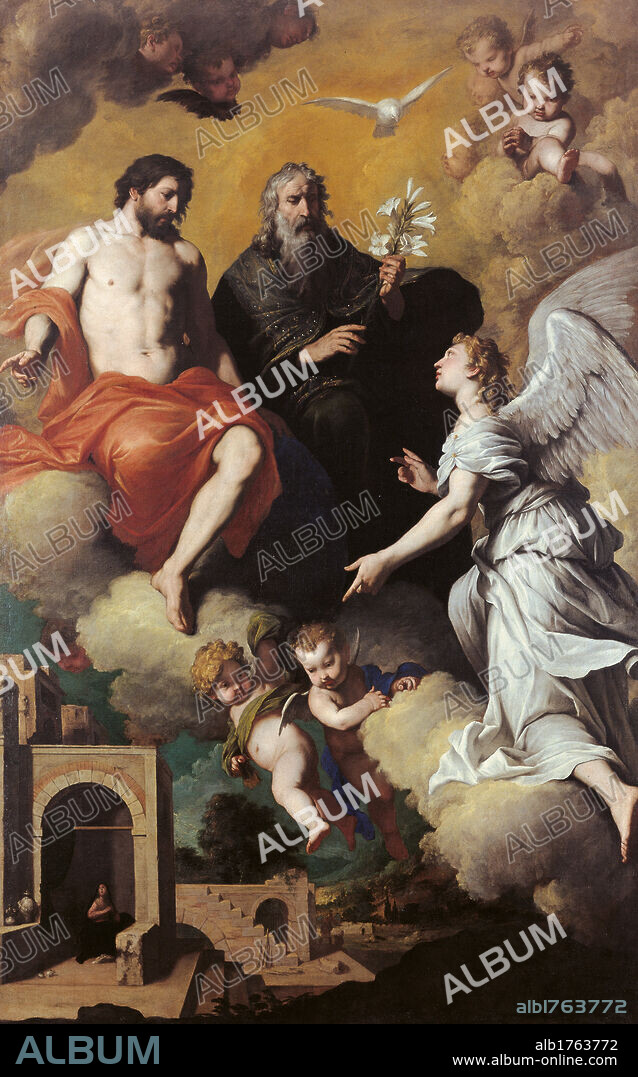 The Holy Trinity Sending Archangel Gabriel to the Virgin, by Pietro Novelli known as Monrealese, 1630-1633 about, 17th Century, oil on canvas, cm 281 x 177. Italy, Campania, Naples, Capodimonte National Museum and Galleries. All. God the Father Jesus Christ lilies archangel Gabriel wings Holy Ghost dove putti cherubs clouds house maiden Virgin. Authorization required for non editorial use.
