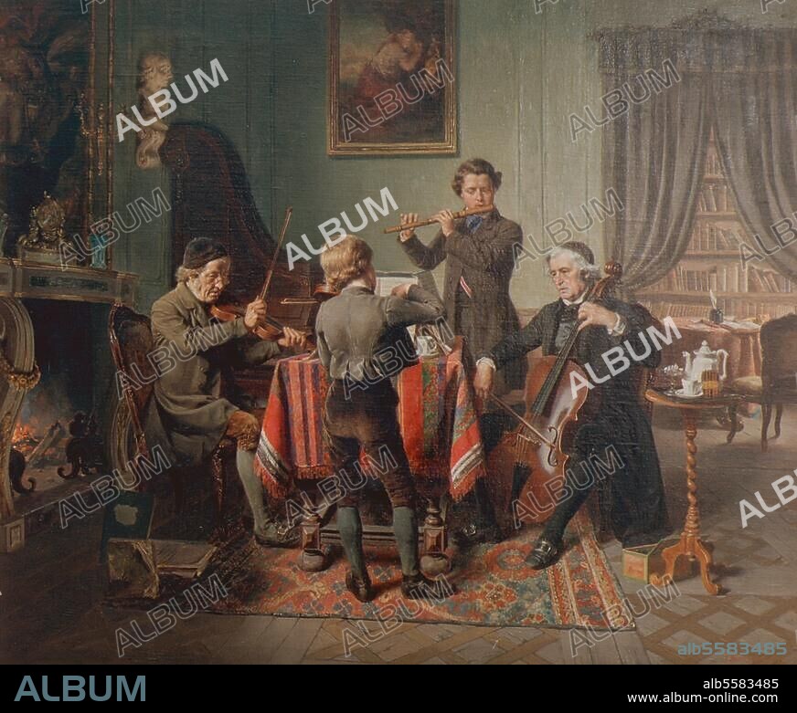 FRIEDRICH HIDDEMANN. Music / Concert:. "Das Dilettanten-Quartett" (the dilettant quartet). Painting, 1865, by Friedrich Peter Hiddemann (1829-1892). Oil on canvas, 66 × 79cm. Volmer Collection, Wuppertal.