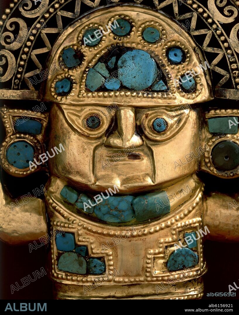 DETALLE - CABEZA DIOS NAY - CASP ORO TURQUESA E CHIMU - PREHISPANICO.