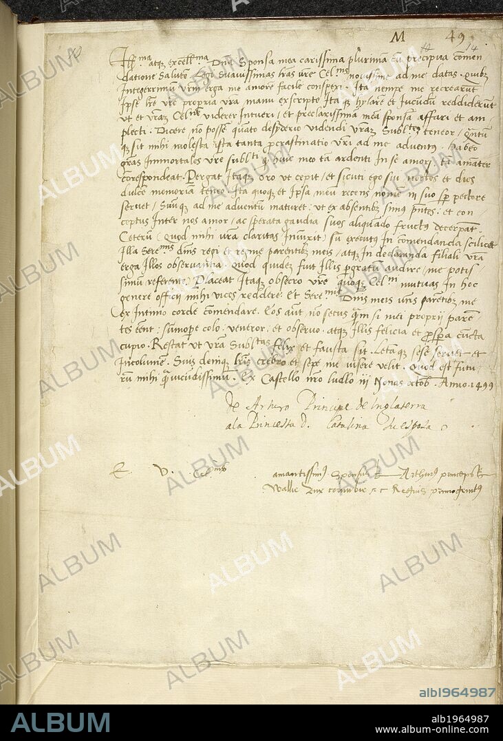 Letter from King Henry VII to King Ferdinand and Queen Isabella of Spain. Original Letters of Perkin Warbeck, Henry VII, Pri. England [Canterbury]. [Whole folio] Letter of Kiing Henry VII to King Ferdinand and Queen Isabella of Spain concerning the nuptials of Prince Arthur and Katherine of Aragon, and her proposed journey to England. Canterbury, 20 June 1500.  Image takem from Original Letters of Perkin Warbeck, Henry VII, Prince Arthur, etc.  Originally produced in England [Canterbury]; 1500 . Source: Egerton 616, f.14. Language: Latin.