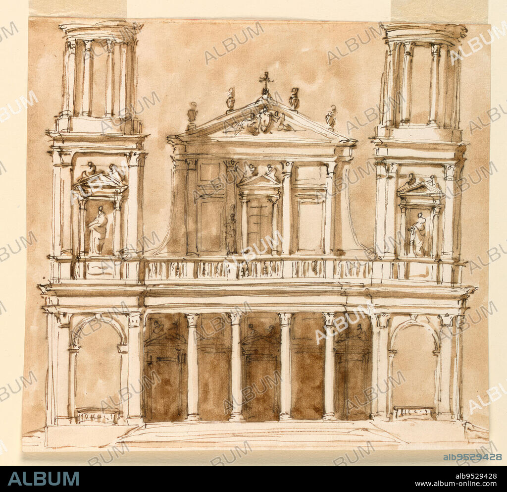 GIUSEPPE BARBERI. The ground storey has five, the upper storey three bays. An arcade with four Corinthian columns is in front of the ground storey, a terrace in front of the upper one. Steps lead up to the arcade which is flanked by the ground stories of the steeples. They are three storied, the upper most ones being shaped like circular pavilions. The roofs are not shown. Colored background. Pen and brown ink, brush and brown wash on off-white laid paper. Date: 1746-1809.