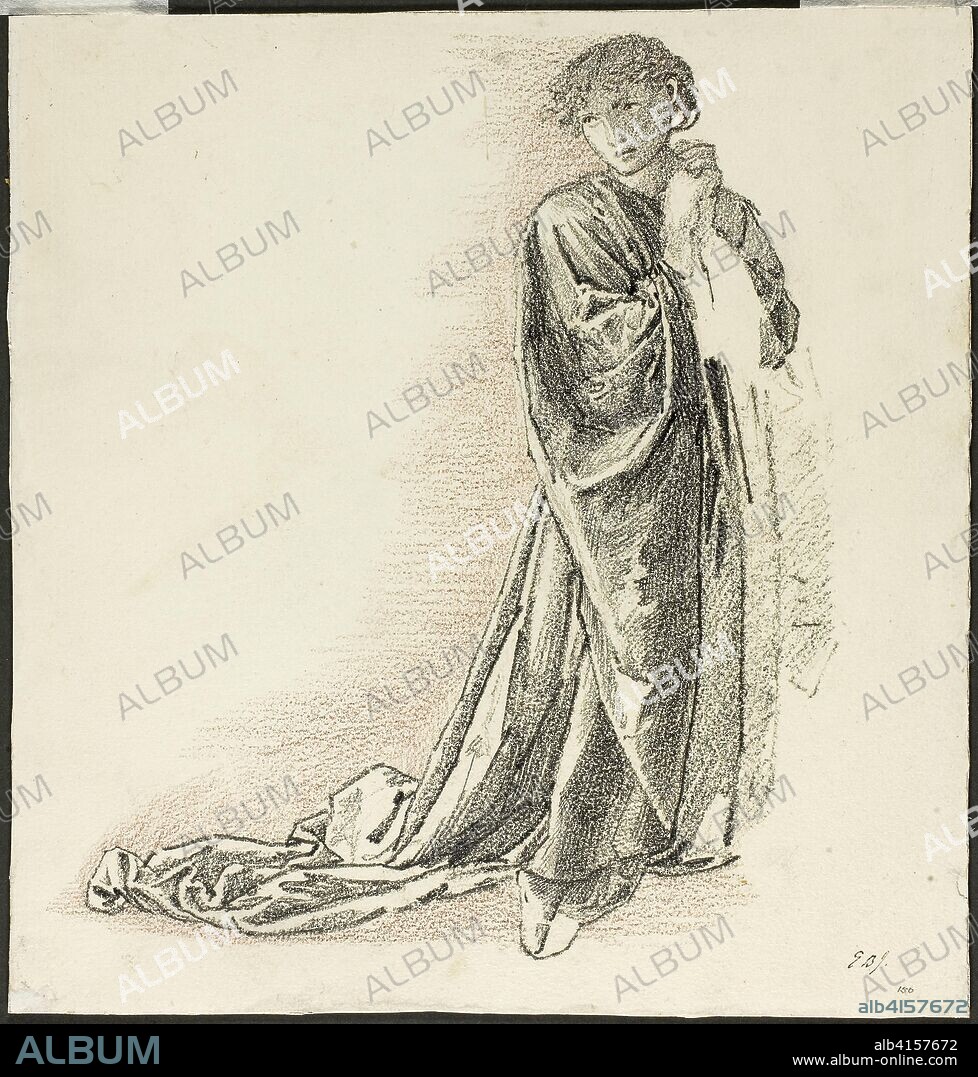 Kneeling Draped Figure. Sir Edward Burne-Jones; English, 1833-1898. Date: 1860-1875. Dimensions: 273 × 261 mm. Graphite and red crayon on ivory wove paper, laid down on board. Origin: England.