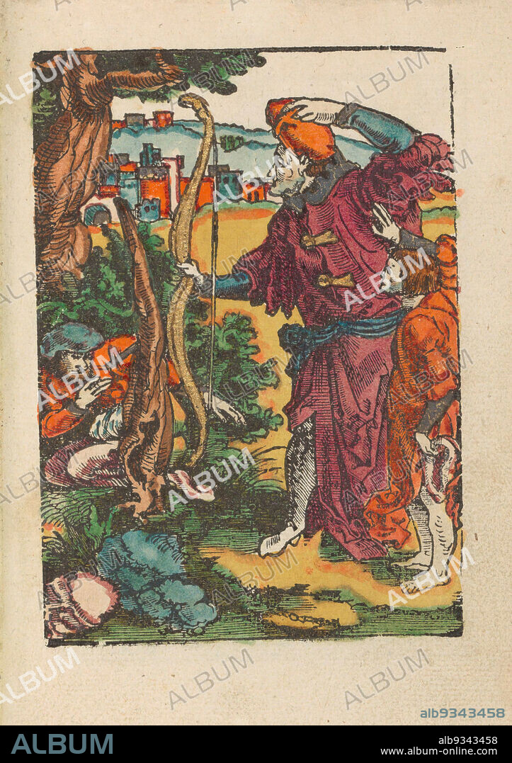 Death of Cain, Mute Passion (series title), Cain's descendant Lamech, who is blind, accidentally shoots Cain with a bow and arrow. He is assisted in the hunt by his son Tubal-Cain. Print is part of a book., print maker: Jan Wellens de Cock (attributed to), publisher: Doen Pietersz., Amsterdam, c. 1530, paper, height 112 mm × width 79 mmheight 159 mm × width 100 mm.