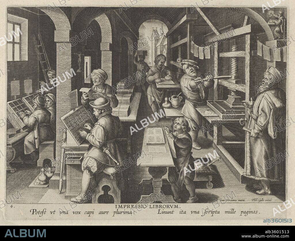 New Inventions of Modern Times [Nova Reperta], The Invention of Book Printing, plate 4. Artist: Jan Collaert I (Netherlandish, Antwerp ca. 1530-1581 Antwerp); After Jan van der Straet, called Stradanus (Netherlandish, Bruges 1523-1605 Florence). Dimensions: Sheet: 10 5/8 × 7 7/8 in. (27 × 20 cm). Publisher: Philips Galle (Netherlandish, Haarlem 1537-1612 Antwerp). Date: ca. 1600.
Fourth plate from a print series entitled Nova Reperta (New Inventions of Modern Times) consisting of a title page and 19 plates, engraved by Jan Collaert I, after Jan van der Straet, called Stradanus, and published by Philips Galle. Illustration of men working at the book mill. In the background a man prepares paper for printing in the press depicted on the right. In the center of the foreground a young boy lays out the newly printed paper for proof-reading. On the left workers set type to be printed.