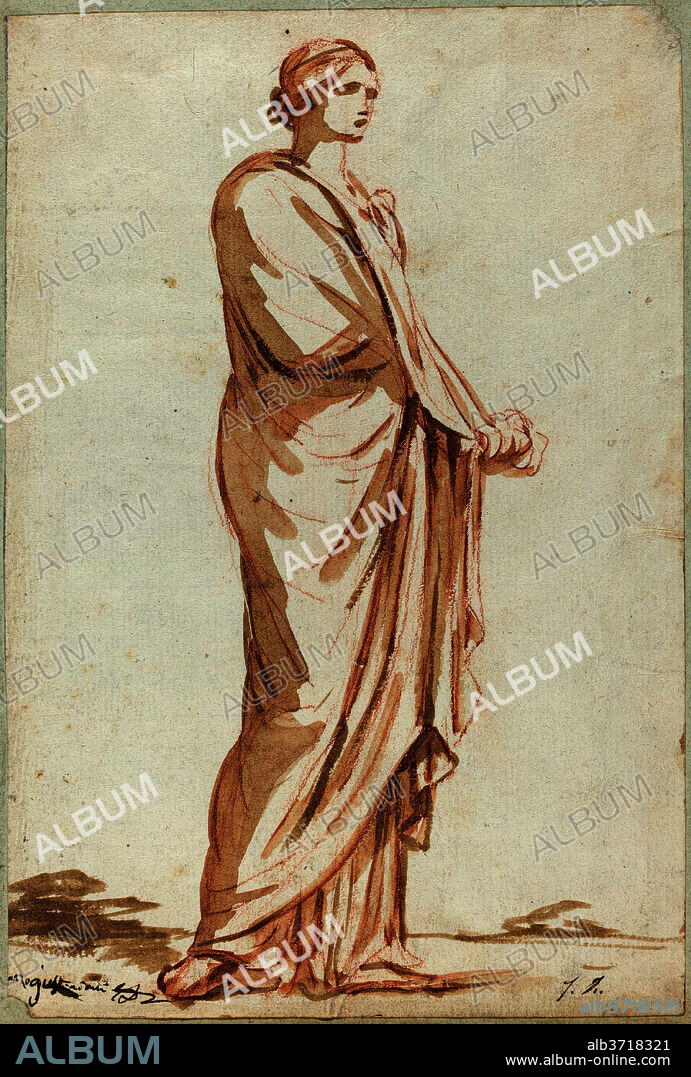 JACQUES LOUIS DAVID. Roman Statue of a Standing Woman. Dimensions: Overall (approximate): 21.3 x 14.3 cm (8 3/8 x 5 5/8 in.)  support: 22.9 x 16.6 cm (9 x 6 9/16 in.). Medium: red chalk with brown wash on laid paper.