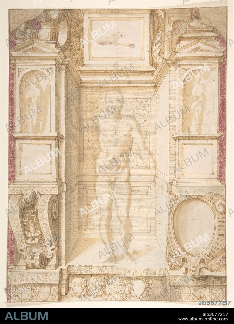 Study of a Figure in a Niche (Saint Ambrose; recto); Architectural Studies: Four Alternative Designs for Fictive Niches and an Unrelated Design with Garlands (verso), ca. 1560-67. Artist: Giuseppe Arcimboldo (Italian, Milan (?) 1527?-1593 Milan). Dimensions: 13-13/16 x 10-3/8 in.  (35.1 x 26.3 cm). Date: 1564-65.
The attribution to Arcimboldo of the Metropolitan Museum drawing was first suggested by Giulio Bora (cited in Christie's sale catalogue, London, July 4, 1995, lot 37; see also Bora 1998 with its whereabouts listed as "già a Londra"), and was recently reaffirmed by Giuseppe Cirillo, as it is entirely convincing on the basis of style, technical evidence, and context of the documents here discussed. 
Datable to ca. 1560-67 and once owned by the distinguished Milanese collector Giuseppe Vallardi (1784-1863), the Metropolitan Museum drawing relates to the design of a prestigious, though much disputed commission by the Municipio (town-hall) of Milan for a banner representing Saint Ambrose, the heroic patron of the city who is also one of the canonical Doctors of the Church. The ambiguous scenario emerging from the interpretations of the surviving documents indicates that Arcimboldo may have ceded this project to design a banner of Saint Ambrose at the time of his departure from Milan in 1562 for the court of Prague, and that the commission may have been passed onto Carlo Urbino on February 18, 1563, for a document of this date describes the latter artist "as having assumed the job of making a design to be painted on paper and on cloth for the new banner" ("ha preso la carica de fare in pittura in carta et tela il dissegno dil nuovo confalone"; Archivio Storico Civico, Località milanesi, S. Ambrogio, Gonfalone, no. 309/4 [18 febbraio 1563]; here, as transcribed by Robert S. Miller, "Gli affreschi cinquecenteschi: Giuseppe Arcimboldo, Giuseppe Meda e Giovanni Battista Della Rovere detto il Fiammenghino," in Il Duomo di Monza: La storia e l'arte, 2 vols. Milan, Electa, 1989-1990, p. 226). 
The documents also tell that the final execution of the banner was to be done by the embroiderer Bartolomeo Rainone, but the entire project was interrupted in 1564, amidst a heated professional controversy, of which modern scholars have given different accounts (compare opinions in Giulio Bora, "Note cremonesi, II: L'eredità di Camillo ed i Campi," Paragone, no. 327 [May 1977], pp. 54-88; Giulio Bora in Omaggio a Tiziano: La cultura artistica milanese nell'età di Carlo V, exh. cat., Milan, Palazzo Reale, Milan, 1977, pp. 52-54 [notes 58-61], 62-86; Sandrina Bandera Bistoletti in Daniele Pescarmona, Disegni Lombardi del Cinque e Seicento della Pinacoteca di Brera e dell'Archivescovado di Milano, exh. cat., Pinacoteca di Brera, Milan; Florence, 1986, pp. 92-96; Miller 1989-90, op. cit., pp. 216-28, note 48; Bora 1998, op. cit., pp. 52-55; Cirillo 2005, op. cit., pp. 57-59). From what can be discerned, a casual mention in the legal complaint filed on November 6, 1564 to the Fabbriceri del Duomo of Milan regarding another project, the prestigious commission to paint the organ shutters of the Cathedral entrusted to Giuseppe Meda, partner ("compagno") of Arcimboldo, also seems to shed light on the design of the banner of Saint Ambrose, the project to which the Metropolitan Museum drawing actually relates, as this latter document alludes to a repeatedly competitive situation between Bernardino Campi and Arcimboldo ("in diverse volte a concorentia") regarding the banner of Saint Ambrose ("Sant'Ambrogio"), and to a dispute which was to be settled by the artists' submission of their respective designs to a corporate tribunal (the "Dodici del Tribunale di Provvisione"). This document about the banner of Sant'Ambrogio is in the Archivio della Fabbrica del Duomo di Milano (Ordinazione, XII, fols. 124 recto-125 recto; Miller 1989-1990, op. cit., pp. 216, 227, note 1). The judges ("stimatori") on behalf of the Fabbriceri del Duomo were Giovanni Francesco Melzi (pupil and heir of Leonardo) and Girolamo Figino, who also ruled that the drawing for the "confalone del nuovo S.to Ambroso" by Giuseppe Arcimboldo, who was in partnership with Giuseppe Meda, was far superior to the design by Bernardino Campi, and that Arcimboldo's was the design chosen for execution. The wording of these documents provides unmistakable proof, "fu per li predicti signori Meltio et Figino indicato il disegno desso Bernardino [Campi] essere molto inferiore al disegno desso magistro Joseph [Giuseppe Arcimboldo] qual fu acetate et messe in opera" (here, as transcribed in Miller 1989-90, op. cit., pp. 216, 226, but also quoted very diversely in Enrico Cattaneo et al., Il Duomo di Milano, Milan, 1973, vol. 2, pp. 193-97; Bora 1977, op. cit., p. 52; Bandera Bistoletti 1986, op. cit., p. 92; and Bora 1998, op. cit., p. 41). The redesigned banner of Sant'Ambrogio was contracted to be executed (document July 14, 1565) by the more skilled embroiderers Scipioni Delfinone and Camillo Pusterla (than Rainone), who were to follow the drawing that was provided. Although completed in early September 1566, Arcimboldo collected two payments on 10 October and 30 December 1567, "for the first drawings made for the said banner" ("per i primi dissegni fatti del sopradetto confalone"). The banner of Sant'Ambrogio is today on display in the Civiche Raccolte d'Arte of Castello Sforzesco, Milan.
The Metropolitan Museum drawing must have been one of the early studies by Arcimboldo for his winning competition drawing of the "nuovo confalone," or new banner. For, confirming the scenario implied in the documents, there exists a large, relatively dry, more or less finished composition drawing much like the final banner in design, now in the Arcivescovado, Milan ([inv. 36], done in pen and brown ink, brush and brown wash, highlighted with white gouache, on ochre prepared paper; 54,5 x 37,5 cm.). Although this sheet in the Arcivescovado, Milan, has been repeatedly published with an attribution to Bernardino Campi (as illustrated and discussed in Bora 1977, op. cit., pp. 84-85, no. 52; followed in Bandera Bistoletti 1986, pp. 92-96, no. 31), it is almost certain that the alternative attribution to Giuseppe Meda, as advanced by Robert Miller, is correct (Miller 1989-90, pp. 216-230 [especially p. 225, fig. 195]; accepted in Bora 1998, p. 40, fig. 3; Cirillo 2005, p. 58). In any case, it can be added here that the papers of the drawings in the Arcivescovado, Milan, by Giuseppe Meda and Metropolitan Museum of Art by Arcimboldo exhibit similar watermarks, a hand surmounted by a star; the first is close to Briquet 10719-10720, while the Metropolitan sheet is close to Briquet 10796. Meda's somewhat lifeless and rather harshly modelled drawing in the Arcivescovado, Milan (which is nevertheless clearly an autograph study for the banner, not a copy) offers an elaboration of details of the key iconographic elements as they are represented in the final banner today at the Castello Sforzesco. These iconographic motifs are also indicated, though in a more inchoate form, in the energetic overall composition of the drawing by Arcimboldo in the Metropolitan Museum of Art. Without doubt, however, the design and the details of the figure and ornament in the drawing by Giuseppe Meda in the Arcivescovado, Milan, seem closer to the composition of the final banner at the Castello Sforzesco, than is the Metropolitan Museum drawing by Arcimboldo. 
The driving concept in Arcimboldo's design for the banner is the architectural setting for the figure, which is of great monumentality. His Metropolitan demonstration drawing (a type of early "modello") offers two alternative solutions for the illusionistic architectural framework at the sides; this "de choix" feature of the design is often characteristic of drawings for the approval of patrons. On the left half, the small pedimented niche and podium are surmounted by variations of volutes and supported by a monumental, elaborately carved console. Rectilinear elements predominate on the right half of the sheet, but their precise disposition is difficult to judge, since another artist excised a square piece of the drawing and replaced it with the unrelated design of a cartouche. In contrast to the architecture, the figures are broadly painted with light brown wash. The large sketchy nude figure in the center raises his right hand in blessing, as the fully garbed Saint Ambrose does in the final banner at the Castello Sforzesco. The heraldic symbols at the bottom of the Metropolitan drawing, including the coat of arms of the Sforza-Visconti family at center, below the main niche, all seem to conform to those depicted in the final banner, and apparently also to those in Meda's drawing in the Arcivescovado, Milan.
Although evidencing a particularly close study of Giulio Campi's draftsmanship (in my opinion), the style and technique of the architectural drawings on the main paper support of the verso of the Metropolitan sheet are also clearly attributable to Arcimboldo, as they are exactly comparable to the ornamental passages along the lower border of the recto. These isolated designs of rectangular niches and ornamented pediments on the verso of the Metropolitan sheet were also intended for the fictive architecture flanking Saint Ambrose, and are very similar to the lateral designs portrayed in Meda's drawing in the Arcivescovado, Milan, and in the final banner today in the Castello Sforzesco. But these verso drawings are much disfigured by the distracting patch containing unrelated designs glued onto the sheet (seen at lower left, on the verso) by a different hand, facts which may be overlooked if this drawing is only studied from photographs. 
(Carmen C. Bambach).