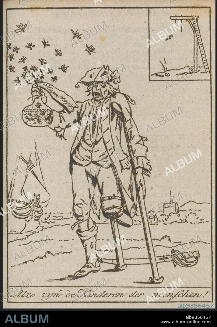 Cripple with fly-poison, 1796, Such are the children of men! (title on object), cartoon of disabled man with wooden leg and crutches holding up a bottle of fly poison which is attracting a swarm of flies. Illustration in Pieter van Woensel's almanac 'De Lantaarn for 1796'., print maker: Pieter van Woensel, Netherlands, 1795 - 1796, paper, etching, height 120 mm × width 80 mm.