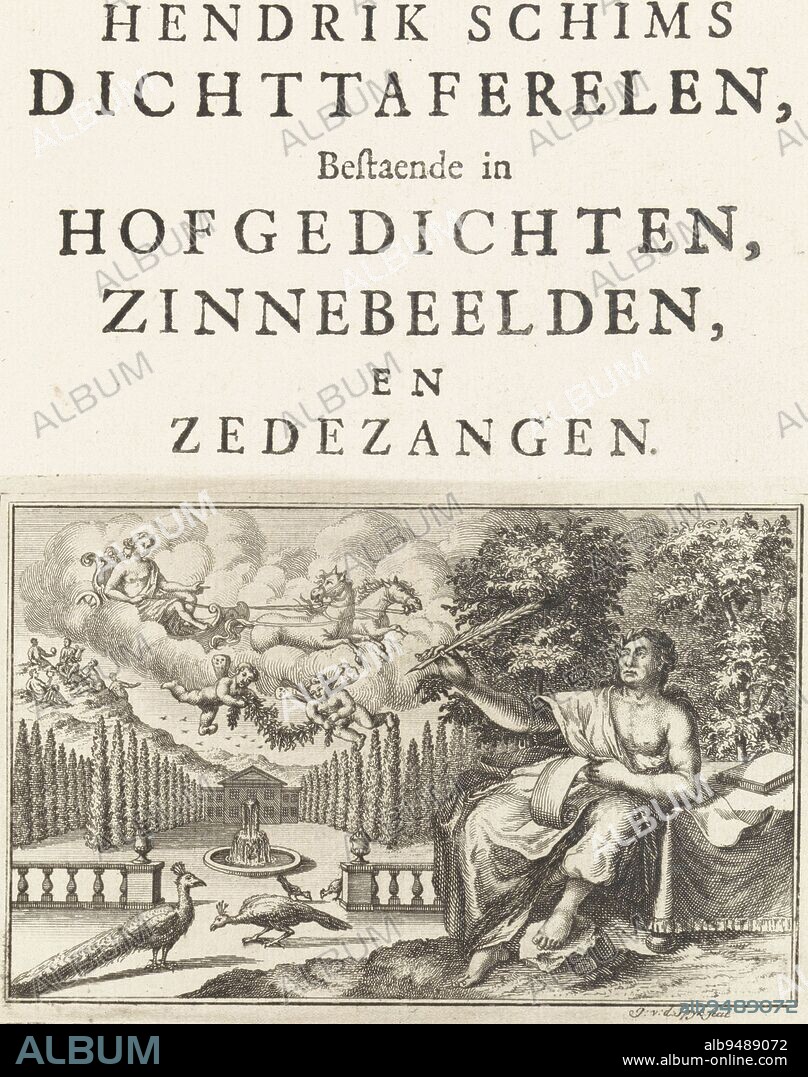 A writer sits in classical dress with a quill in hand in a garden He is  receiving inspiration In the foreground walk two peacocks In the sky, Venus  appears in her chariot -