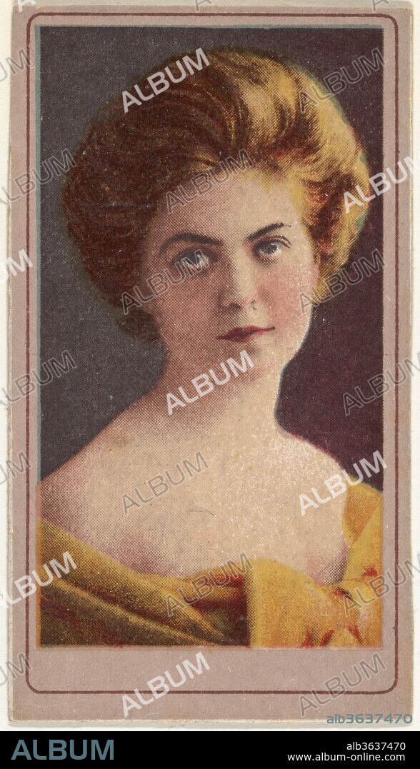Actress wearing yellow gown, from the Actresses series (T176) issued by Sweet Caporal Cigarettes. Dimensions: Sheet: 2 5/8 × 1 7/16 in. (6.6 × 3.7 cm). Publisher: Issued by Kinney Brothers (American). Date: ca. 1901.
Trade cards from the "Actresses" series (T176), issued ca. 1901 by Sweet Caporal Cigarettes.