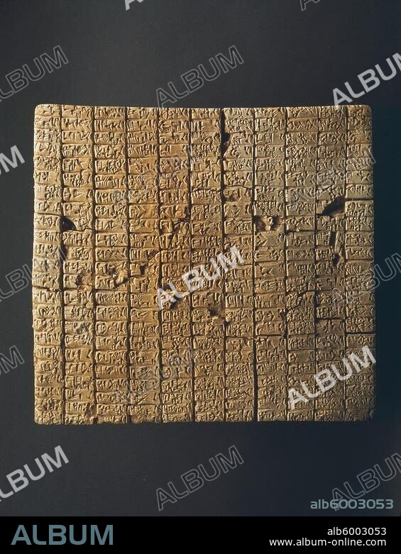 Syria, Ebla, 24th century B.C.-List of cities and villages in Syria and northern Mesopotamia.-Front side. Clay tablet with kuneiform, 18 cm tall, 18 cm wide, 2 cm thick. Discovered: Ebla / Tell Mardich, Syria, Royal Palace G, clay tablet archives, Inv. No. TM.75.G.2231.