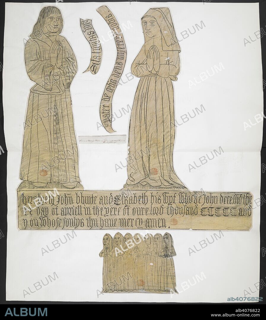 THOMAS BASKERFIELD. Six brass rubbings of a monumental brass depicting a woman, a man, two speech scrolls and seven women from The Priory Church of St Peter, Dunstable. From a Brass Plate in Dunstable Church. 1790. Pen and black ink with black crayon. Source: Maps K.Top.7.6.a.2. Language: English.