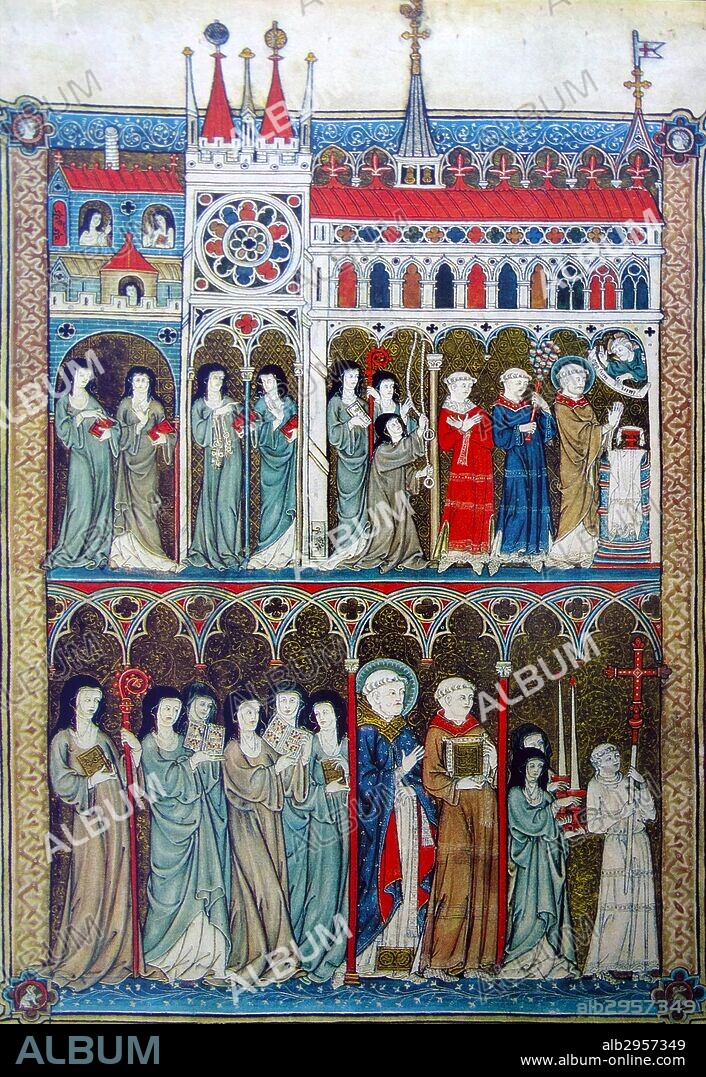 French manuscript portraying the ideal convent. In the top row Mass is being celebrated; behind the priest and his assistants stands the abbess with her crozier and the sacristan, pulling the bell-ropes. Dated 10th Century.