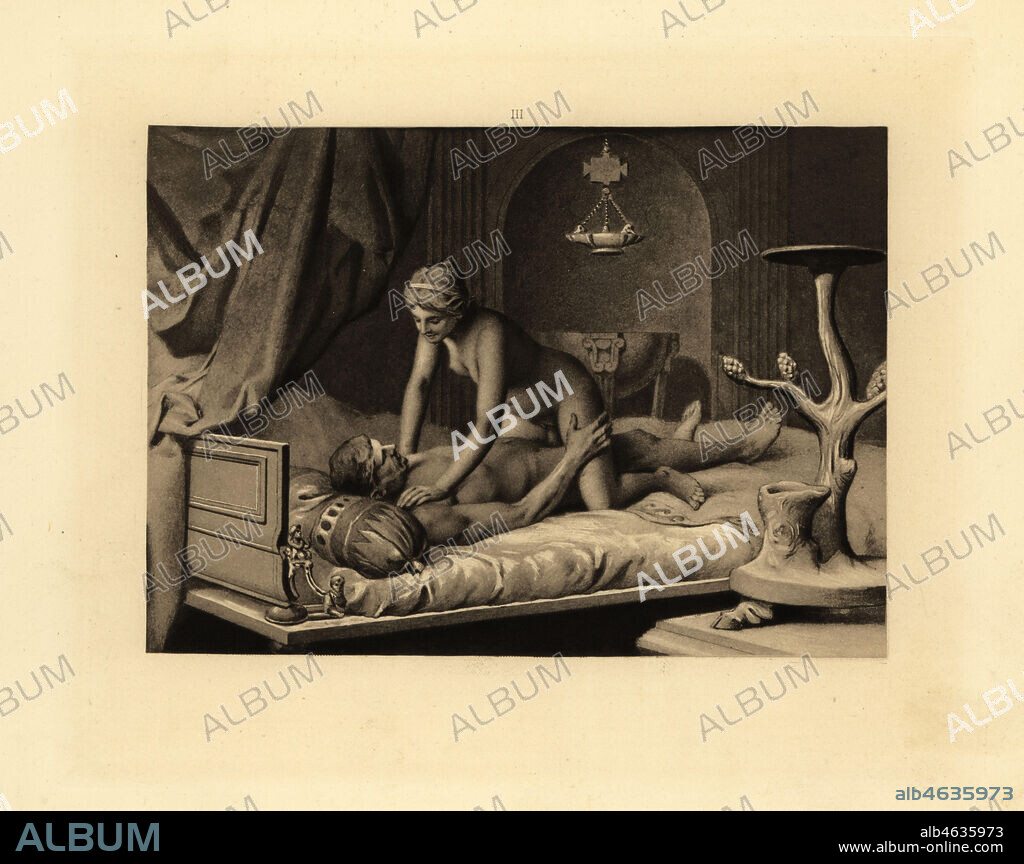 Roman man Eumolpe and woman having sexual intercourse in a bedroom. He lies  on a luxurious bed, with woman in headband on top in the cowgirl position.  The room is decorate -