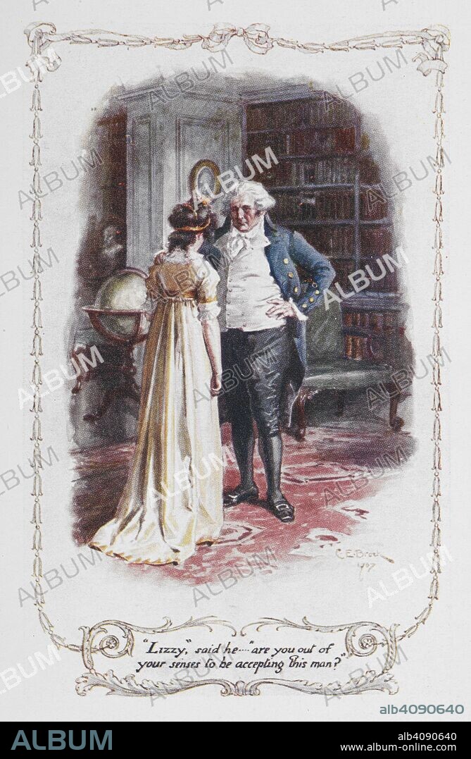 JANE AUSTEN and CHARLES EDMUND BROCK. "Lizzy", said he ... "are you out of your senses to be accepting this man ?". Elizabeth Bennet and her father. Pride and Prejudice. London : J. M. Dent & Sons, 1907. Source: 012208.g.2/3 opposite page 333. Language: English.