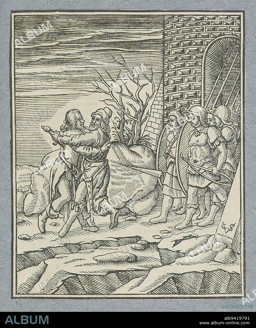 Joab kills Amasa, Joab kills Abner, Joab surprises Amasa who wants to greet him by stabbing him to death with a sword. Also used as a depiction of the death of Abner. The print is part of an album., print maker: Christoffel van Sichem (II), (mentioned on object), print maker: Christoffel van Sichem (III), (mentioned on object), after print by: Veit Rudolf Specklin, Amsterdam, 1645 - 1657, paper, letterpress printing, height 109 mm × width 88 mm.