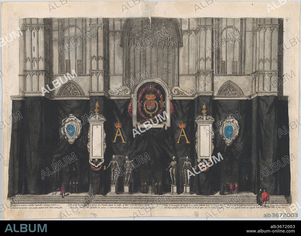 Plate 1: Figures gathered before a curtained wall, decorated with three armorials with the coat of arms and symbols celebrating Archduke Albert, four skeletons on pedestals at center, gothic facade in background; from 'Pompa Funebris ... Alberti Pii'. Artist: Cornelis Galle I (Netherlandish, Antwerp 1576-1650 Antwerp); After Jacques Francquart (French, Brussels 1577-1651 Brussels). Dimensions: Sheet: 11 3/16 × 15 3/8 in. (28.4 × 39.1 cm)
Plate: 9 15/16 × 14 5/8 in. (25.2 × 37.2 cm). Published in: Brussels. Date: 1623.
Plate from 'Pompa Funebris ... Alberti Pii', after Jacques Francquart, illustrating the funeral procession of Albert the Pious (1559-1621), Archduke of Austria, son of Emperor Maximilian II. 
2 sheets pasted together at center.
The first edition of this series contains 54 numbered plates and an engraved title page, published in 1623.
The second and third editions contain 66 plates and were published in 1728 and 1729 respectively.