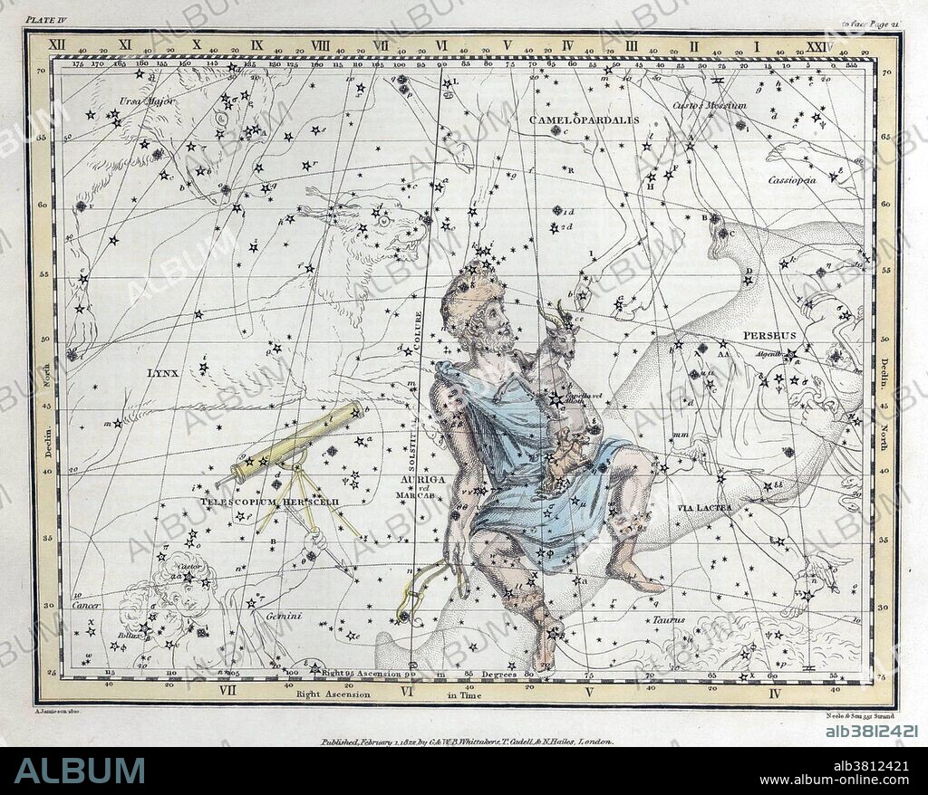 Auriga is one of the 48 constellations listed by the 2nd century astronomer Ptolemy and remains one of the 88 modern constellations defined by the International Astronomical Union. Located north of the celestial equator, its name is the Latin word for charioteer, associating it with various mythological charioteers including Erichthonius and Myrtilus. Auriga is most prominent during winter evenings in the Northern Hemisphere, along with the five other constellations that have stars in the Winter Hexagon asterism. In Chinese mythology, Auriga's stars were incorporated into several constellations, including the celestial emperors' chariots, made up of the modern constellation's brightest stars. A Celestial Atlas (1822) by Alexander Jamieson, inspired by the star atlas of Johann Elert Bode, but restricted itself to stars that could be seen with the naked eye. Comprising a systematic display of the heavens in a series of thirty maps illustrated by scientific description of their contents and accompanied by catalogues of the stars and astronomical exercises, plate 4, 1822.