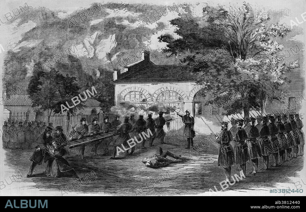 Engraving depicting the U.S. Marines storming the engine house at Harpers Ferry, with insurgents, led by John Brown, firing through holes in the doors. John Brown, a white abolitionist, attempted to start an armed slave revolt by seizing a military arsenal at Harpers Ferry, Virginia in 1859. He was defeated by a detachment of Marines led by Colonel Robert E. Lee. John Brown was the first white man to use violence in an attempt to end slavery. The raid alarmed many in the South and led to militarization in preparation for a Northern invasion. Brown was tried and executed for treason, murder, and conspiracy.