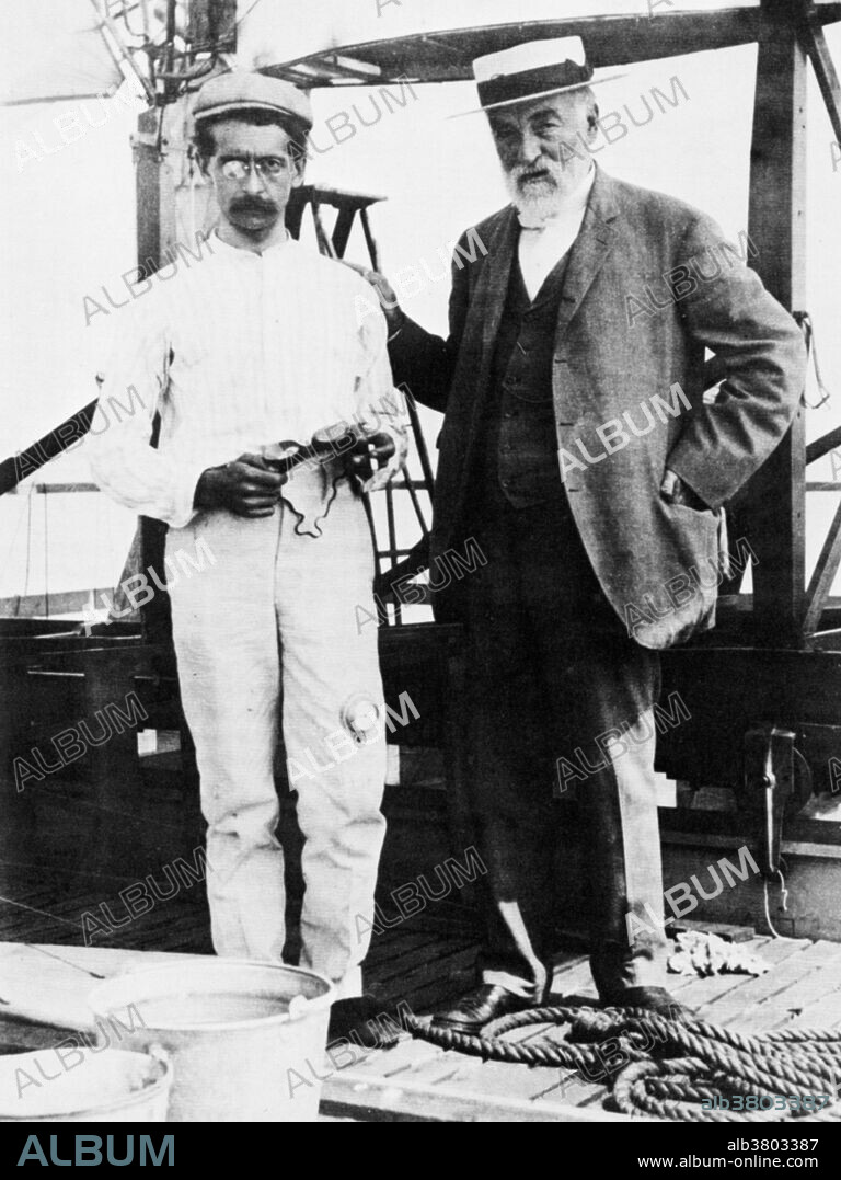 Langley and Manly (left), chief mechanic and pilot on board the houseboat that served to launch Langley's Aerodrome aircraft over the Potomac River, 1903. Samuel Pierpont Langley (August 22, 1834 - February 27, 1906) was an American astronomer, physicist, inventor and pioneer of aviation. He helped in the development of astronomically derived and regulated time distribution services in America through the later half of the 19th century. His work with the railroads in this area is often cited as central to the establishment of the Standard Time Zones system. In 1867, he became the director of the Allegheny Observatory where he produced hundreds of drawings of solar phenomena, many of which were the first the world had seen. As an aviation pioneer he attempted to make a working piloted heavier-than-air aircraft. His models flew, but his two attempts at piloted flight were not successful. In 1888 he published a popular science book entitled The New Astronomy, with a strong emphasis on recent developments in solar physics, which gained a very broad readership and did much to popularize the rising science of astrophysics. He also invented the bolometer, an instrument for measuring infrared radiation. He died in 1906 at the age of 71.