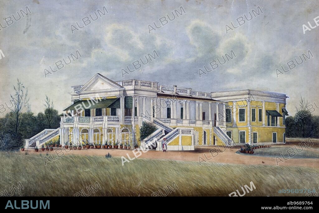 A Palladian mansion, c1835. A two storeyed Palladian mansion, probably in Madras. A 'chaprassi' with a Maratha-type turban stands at the foot of a flight of steps. Inscribed on back in pencil: 'Belfort House. Our place of residence'. On the original mount: 'Cadell Esq'.