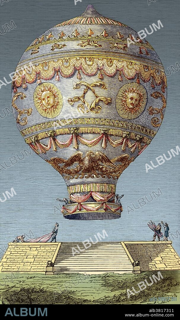 The first manned, untethered flight of the Montgolfier Brothers' hot air balloon. On board were Jean-Francois Pilatre de Rozier (March 30 1754 - June 15, 1785), a French chemistry and physics teacher, and Francois Laurent le Vieux d'Arlandes (1742 - May 1, 1809), a French marquis and soldier. Louis XVI decided that the first manned flight would contain two condemned criminals, but de Rozier believed the honor of becoming the first balloonists should belong to someone of higher status. The Marquis d'Arlandes agreed to accompany him. The King was persuaded, and after several tethered tests to gain some experience of controlling the balloon, de Rozier and d'Arlandes made their first untethered flight on November 21, 1783, taking off at around 2 p.m. from the garden of the Chateau de la Muette. The balloon was lifted by hot air from an on-board stove burning wool and straw. The 25 minute flight travelled 5 miles to the southeast, attaining an altitude of 3,000 feet, before returning to the ground at the Butte-aux-Cailles. This image has been color-enhanced.