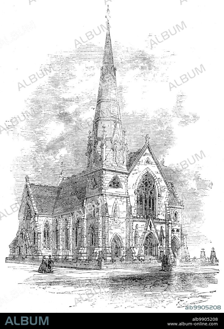 New Wesleyan Chapel, Mornington-Road, Southport, Lancashire, 1861. 'The style of architecture in which the building is designed is the Early Decorated Gothic. Externally, the chief feature that meets the eye is the spire, 130 feet in height to the top of the foliated and gilt finial by which it is surmounted. About twenty feet below this finial there is a circlet of gabletted storm lights...The main front gable bears on its apex a stone finial of somewhat novel design, and is pierced by a large five-light window, whose head is filled with elaborate tracery...in the centre of the front is the principal entrance - a wide door, having three columns in each jamb, and a richly moulded and deeply recessed arch, the head of which is filled with tracery. Above the arch are three moulded and cusped panels filled with carving, the centre one bearing on a scroll the inscription, "The Lord is in His holy temple." The chapel is 110 ft. long inside, by 45 ft. wide in the nave, and 70 ft. in the transepts. There are sittings provided for about 1200 persons, of which 200 will be free...The architects are Hayley and Son, of Manchester; and the contractors John Statham and Sons, of Pendleton'. From "Illustrated London News", 1861.