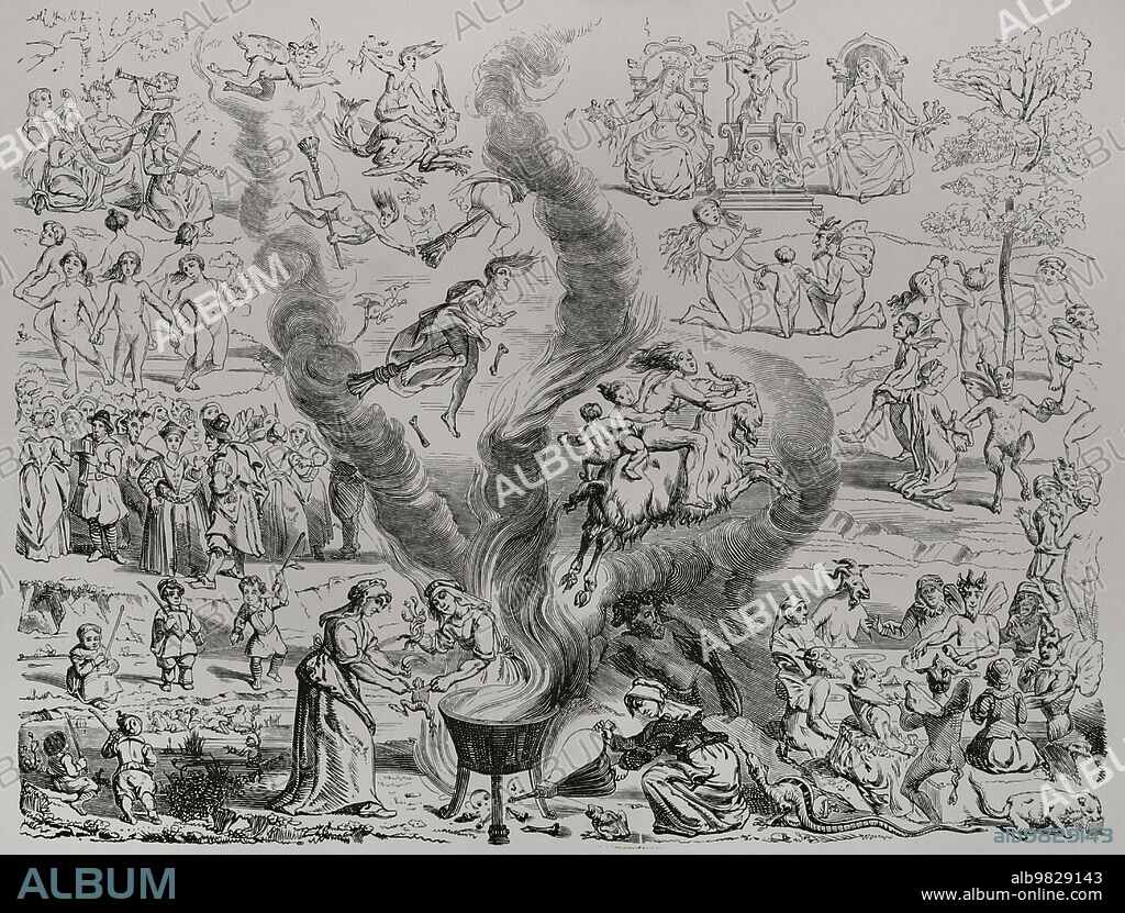 ETIENNE HUYOT (1807-1885). FRENCH ENGRAVER. JULES HUYOT (1841-1921). FRENCH ENGRAVER.. Witches' Sabbath as reported in a judgment delivered by the court of Arras in 1460. Witches ride brooms and goats, dancing with fauns, holding snakes, playing music and boiling frogs and snakes in a cauldron. Engraving after a 16th-century illustration. Woodcut by Etienne Huyot and Jules Huyot. "La Vie Militaire et Religieuse au Moyen Age et à l'Epoque de la Renaissance", Paris, 1877.