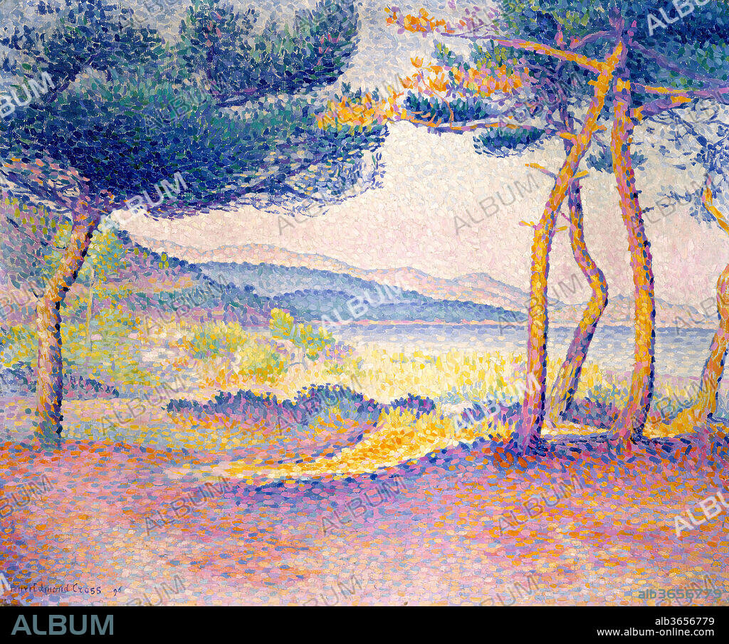 Pines Along the Shore. Artist: Henri-Edmond Cross (Henri-Edmond Delacroix) (French, Douai 1856-1910 Saint-Clair). Dimensions: 21 1/4 x 25 3/4 in. (54 x 65.4 cm). Date: 1896.
Henri-Edmond Cross was a practitioner of the Neoimpressionist style of painting, a short-lived avantgarde movement in the late nineteenth century which emphasized the use of separate touches of interwoven pigment to achieve greater vibrancy of color in the observer's eye. In Pines Along the Shore, painted in the south of France overlooking the Mediterranean, Cross weaves and layers separate brushstrokes, building his paint surface in a tapestry-like fashion from cool tones on the pine grove floor to brilliant foliage at the water's edge to softer hues in the sky and mountains beyond.