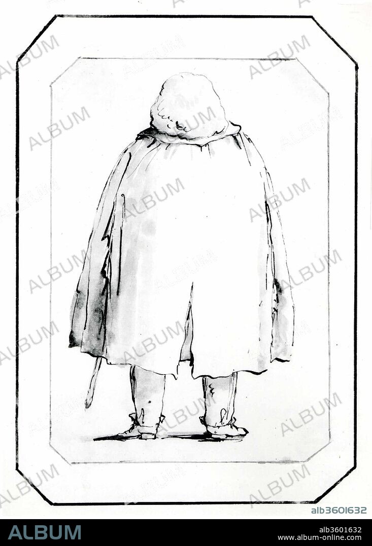 Caricature of a Man in a Voluminous Cloak, Carrying a Walking Stick, Seen from Behind. Artist: Giovanni Battista Tiepolo (Italian, Venice 1696-1770 Madrid). Dimensions: 7 5/16 x 4 13/16 in.  (18.5 x 12.2 cm). Date: 1760 (?).