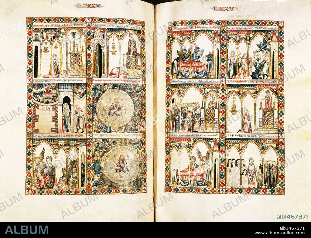 Musicians, original illuminated artwork from the sold Cantigas de Santa María