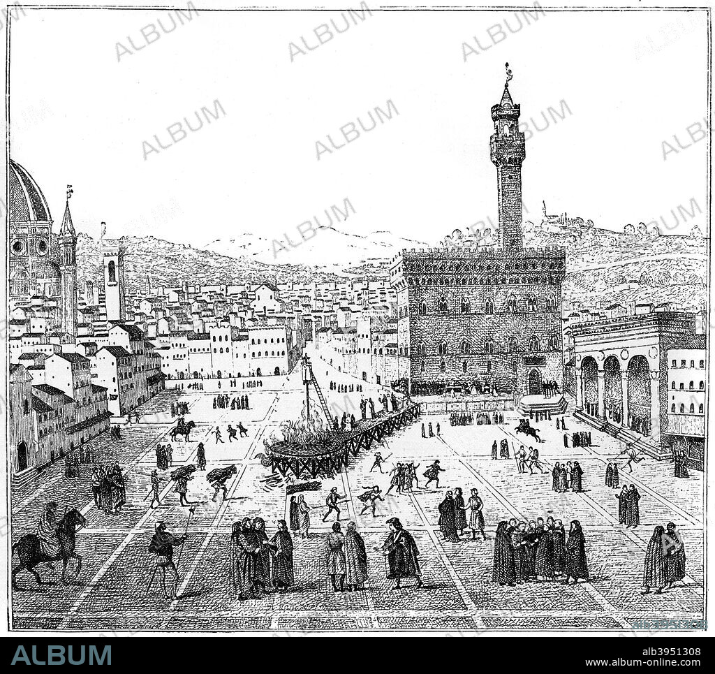 The execution of Girolamo Savonarola in the Piazza Della Signoria, Florence, 1882. Original on a panel preserved in Savonarola's cell in San Marco. From Florence, by Charles Yriarte, translated by CB Pitman and published by Sampson Low (London, 1882).