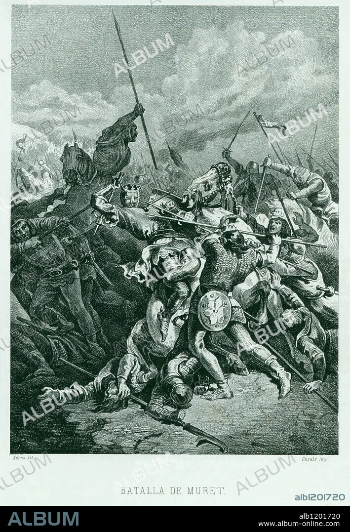 Batalla de Muret. Consistió en la escaramuza decisiva de la llamada cruzada albigense; enfrentó a Pedro II de Aragón, sus vasallos y sus aliados, contra las tropas cruzadas y las de Felipe II de Francia en 1213. El rey D. Pedro II de Aragón murió en la batalla y Catalunya perdió su influencia en el Llanguedoc. Grabado.