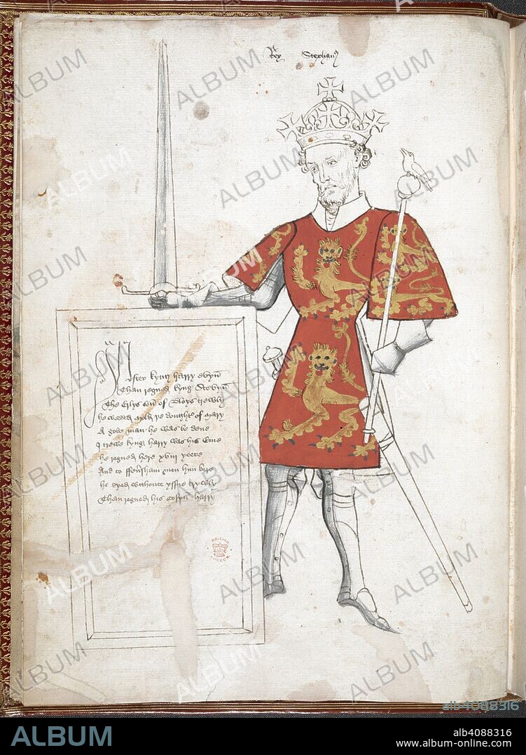 Coloured drawing of an English king in armour and tabard (Stephen), presenting a plaque with verses. Unfinished. Sir Thomas Holme's Book of Arms: anonymous verses on the kings of England ... (Part 1 folios 1 to 8). England, S. E. (probably London); c. 1445-c. 1450. Numerous coloured drawings of English kings in armour and tabard, presenting a plaque with verses. Source: Harley 4205 f.2v. Language: English. Gothic cursive.