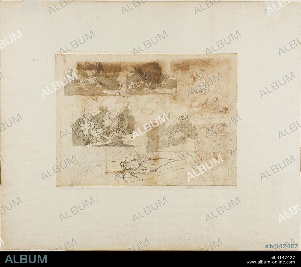 Sketches of a Cavalry Battle, Head, and Paws of a Greyhound. Jean Louis André Théodore Géricault; French, 1791-1824. Date: 1813-1814. Dimensions: 166 × 227 mm. Graphite with brush and brown wash and black crayon on tan wove paper, perimeter mounted on ivory laid paper. Origin: France.