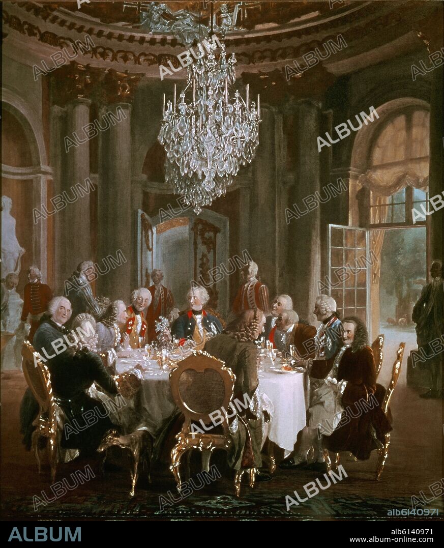 ADOLPH MENZEL. MESA REDONDA CON FEDERICO II Y VOLTAIRE EN PALACIO SANS-SOUCI - H1852 - 1850 - PINTURA ALEMANA.