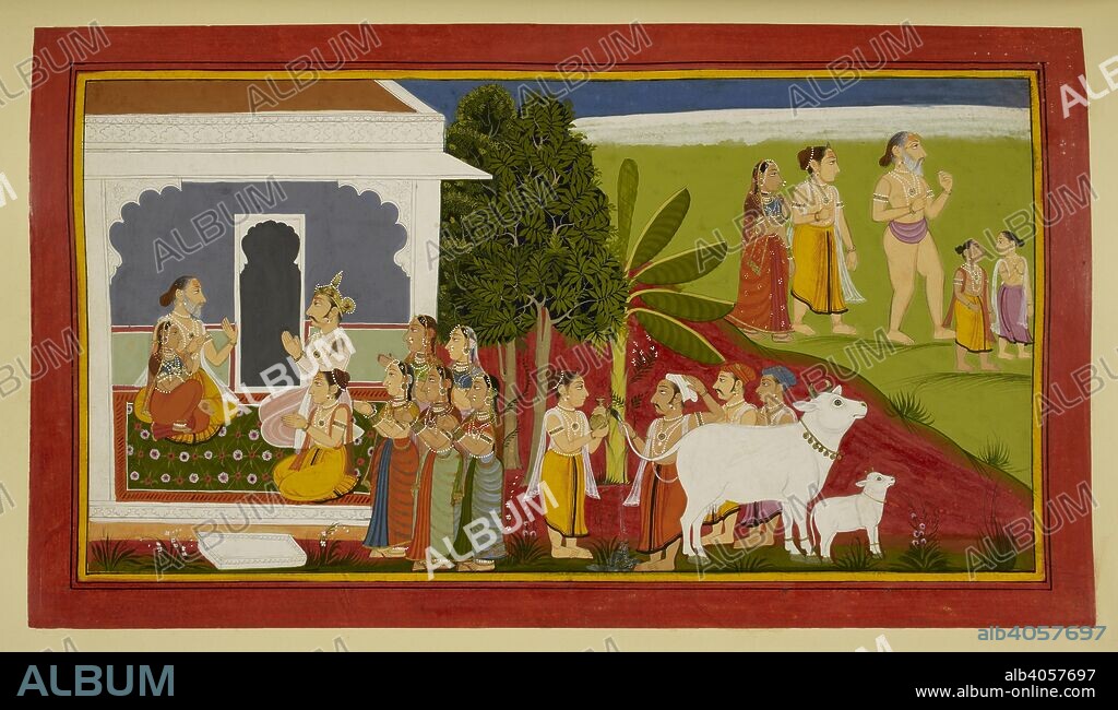 Vibhandhaka meets Shanta. Ramayana, Bala Kanda. Udaipur, 1712. Romapada introduces Shanta to Vibhandhaka, whom he accepts as his daughter-in-law. After Rishyasringa cleanses himself of his sin of leaving his father without permission, he and his wife accompany his father back to the forest.  Image taken from Ramayana, Bala Kanda.  Originally published/produced in Udaipur, 1712. . Source: Add. 15295, f.54. Language: Sanskrit.