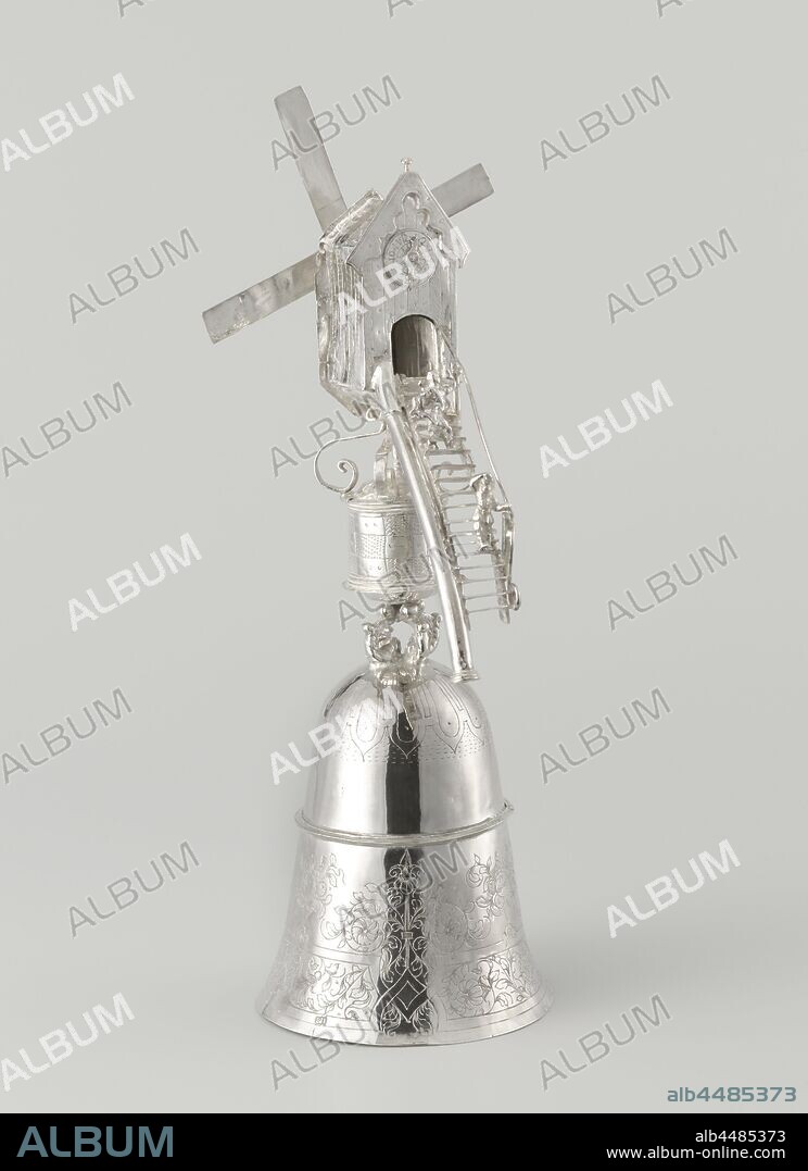 Windmill cup, Mill cup made of silver. The mill rests on the inverted  bell-shaped cup. There are two men on the stairs, one with a bag on his  back, windmill, anonymous, Do -