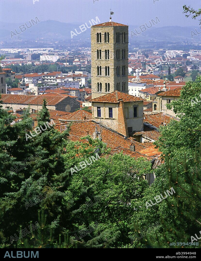 View of the tower of Santa Maria Campanile Arezzo Tuscany Italy