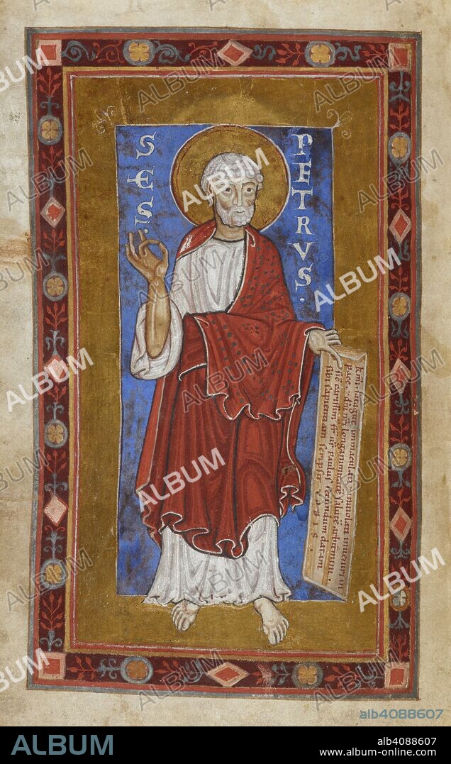 Miniature portrait of a standing Peter, holding a scroll, against a blue and gold background. Lectionary ('The Siegburg Lectionary') (ff. 4v-77); with the Common of Saints (ff. 77-87v), directions and lessons for mass (ff. 87v-93v); various readings. Germany, W. (Siegburg); 2nd quarter of the 12th century. Source: Harley 2889, f.1v. Language: Latin.