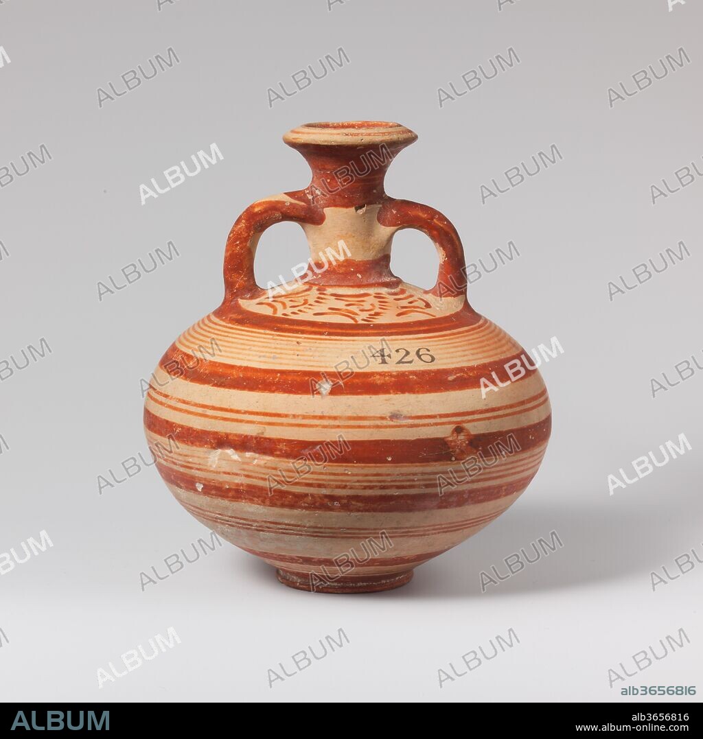 Terracotta globular flask. Culture: Mycenaean. Dimensions: H. 4 1/2 in. (11.4 cm.). Date: ca. 1400-1300 B.C..
Two handles, broad and narrow bands, and floral ornament on shoulder.