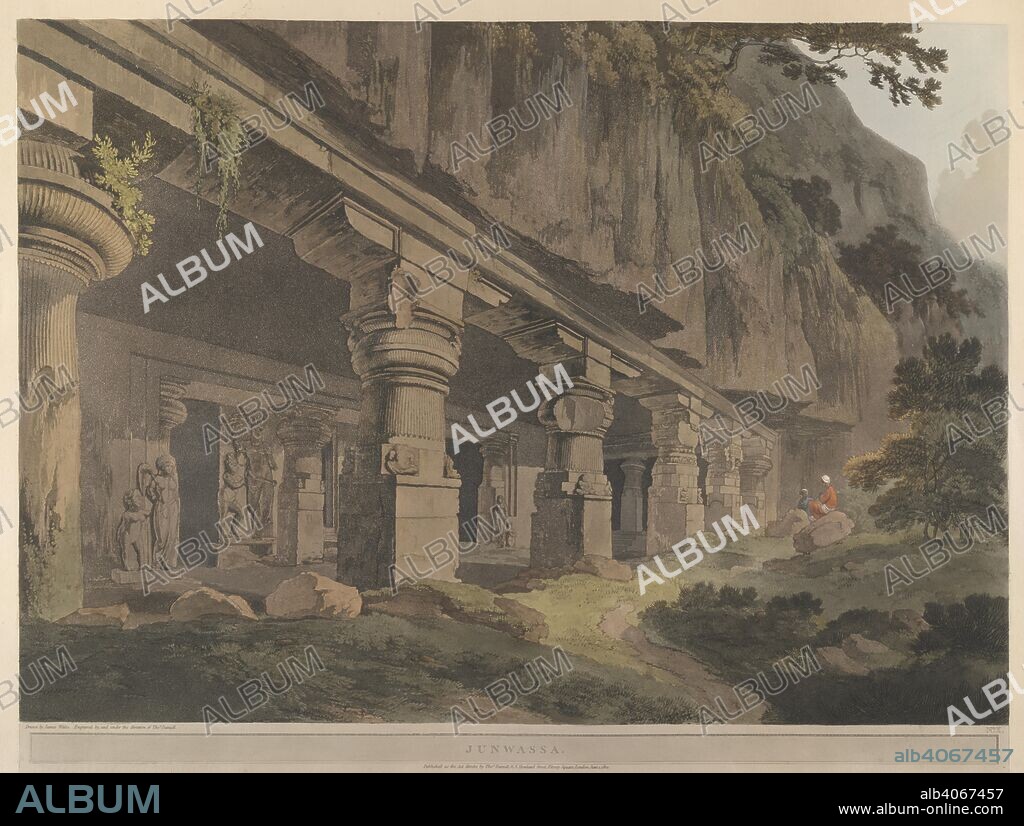 Junwassa. This cave at Ellora in the Hindu sequence shows part-fluted columns of the type found in Elephanta, with tall square bases and squashed cushion capitals, and is similarly datable to the 6th century. Two guardian figures or dwarapalas are sculpted on the sides of the entrance  . Hindoo excavations in the mountain of Ellora near Aurungabad in the Decan: in twenty four views respectfully dedicated to Sir Charles Warre Malet Bart. late the British Resident at Poonah: engraved from the drawings of James Wales, by and under the direction of Thomas Daniell. [With descriptive letterpress and plans.]. London : Thos. Daniell, 1803-1804. Coloured lithograph. Source: X432/6(10). Language: English.