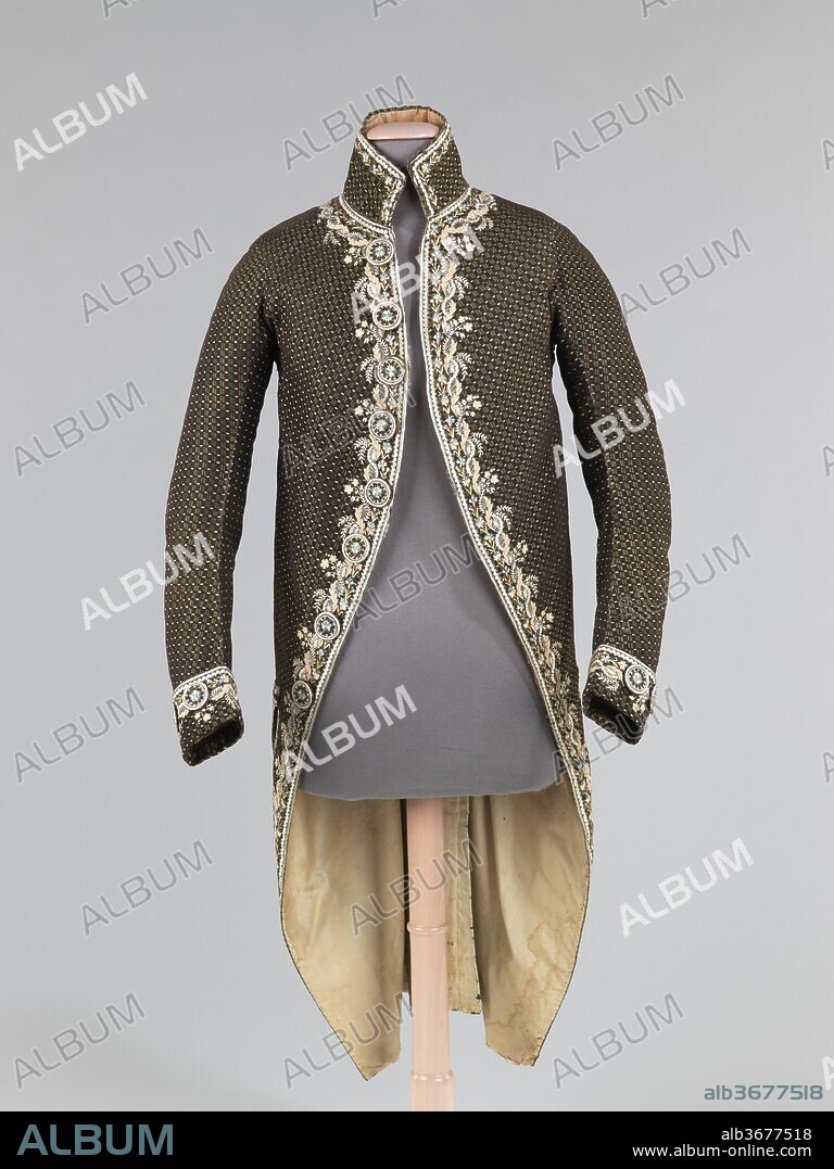 Cutaway coat. Culture: French. Date: 1780-90.
The narrow silhouette of the late 18th century is portrayed brilliantly in this court coat.  Although this would have been worn with a coordinating breeches and a waistcoat originally, the extant coat alone shows the importance attached to complex and visually intriguing surface decoration provided by embroidery, appliqué and unique textiles.