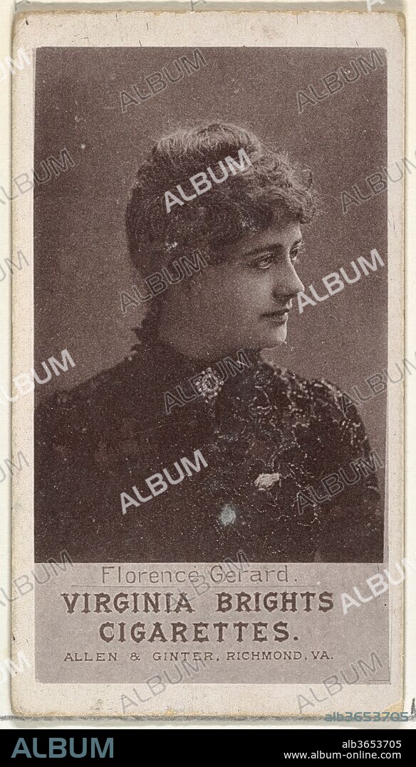 Florence Gerard, from the Actresses series (N67) promoting Virginia Brights Cigarettes for Allen & Ginter brand tobacco products. Dimensions: Sheet: 2 5/8 × 1 1/2 in. (6.7 × 3.8 cm). Publisher: Issued by Allen & Ginter (American, Richmond, Virginia). Date: ca. 1888.
Trade cards from the "Actresses" series (N67), issued ca. 1888 to promote Virginia Brights and Dixie Cigarettes distributed by Allen & Ginter Tobacco Manufacturers.