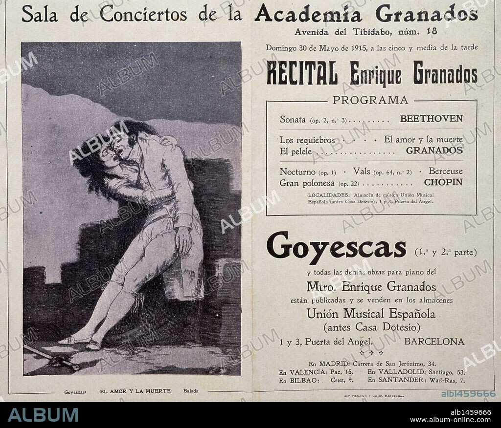 Enrique Granados (1867-1916). Spanish composer and pianist. Programme for the concert Goyescas (Los Majos Enamorados), Goyescas (The Gallants in Love) performed on piano by the composer at the Concert Hall of the Academia Granados in Barcelona. First and second part. May 30, 1915. Catalonia, Spain.