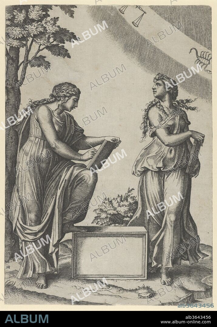 MARCANTONIO RAIMONDI und ? AFTER RAPHAEL (RAFFAELLO SANZIO OR SANTI). Two women of the zodiac standing beneath the signs of Libra and Scorpio. Artist: Marcantonio Raimondi (Italian, Argini (?) ca. 1480-before 1534 Bologna (?)); ?After Raphael (Raffaello Sanzio or Santi) (Italian, Urbino 1483-1520 Rome). Dimensions: Sheet: 11 1/4 × 7 7/8 in. (28.6 × 20 cm). Date: ca. 1517-20.