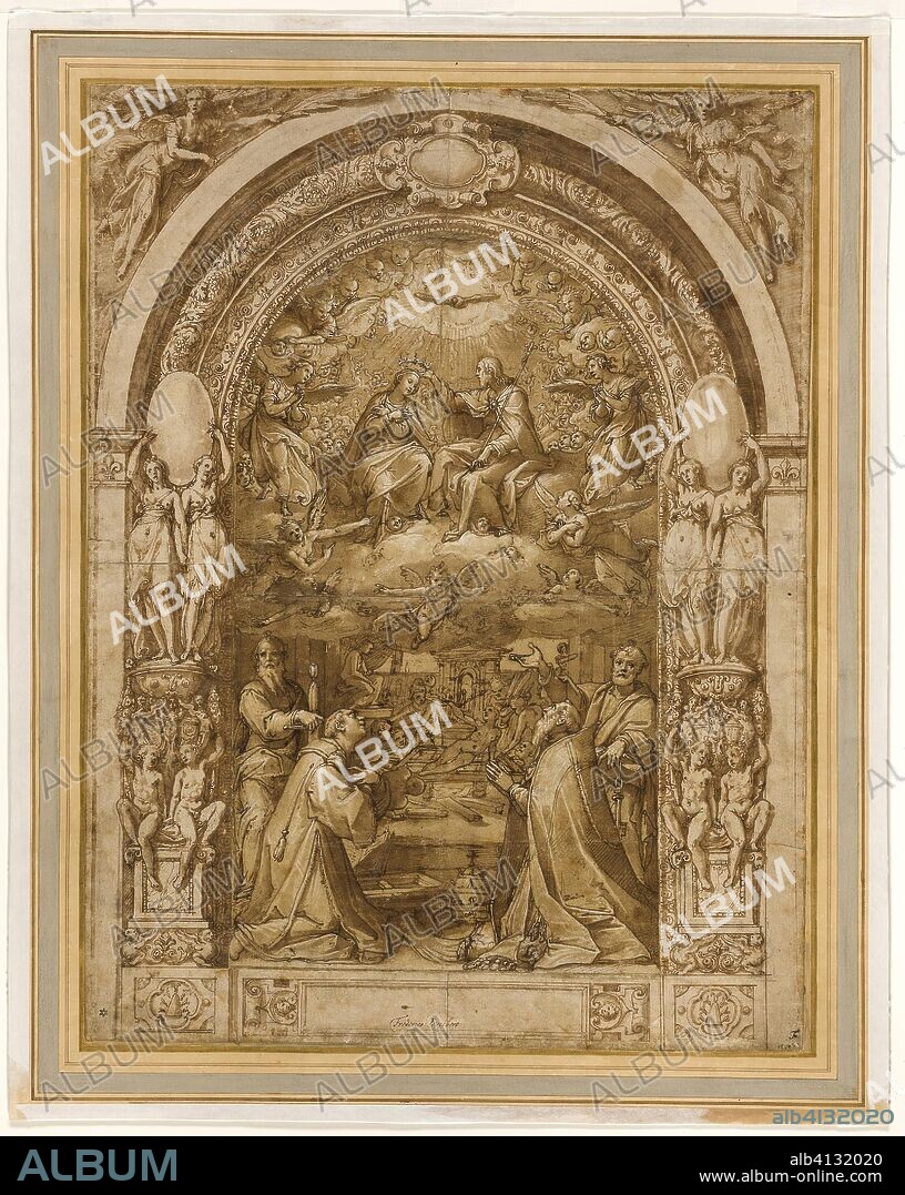 Coronation of the Virgin, with the Martyrdom of Saint Lawrence. Federico Zuccaro; Italian, c.1542-1609. Date: 1565-1575. Dimensions: 571 x 427 mm. Pen and brown ink with brush and brown wash, heightened with lead-white gouache (partially oxidized), over touches of black chalk, on cream laid paper, pieced and laid down on ivory card. Origin: Italy.