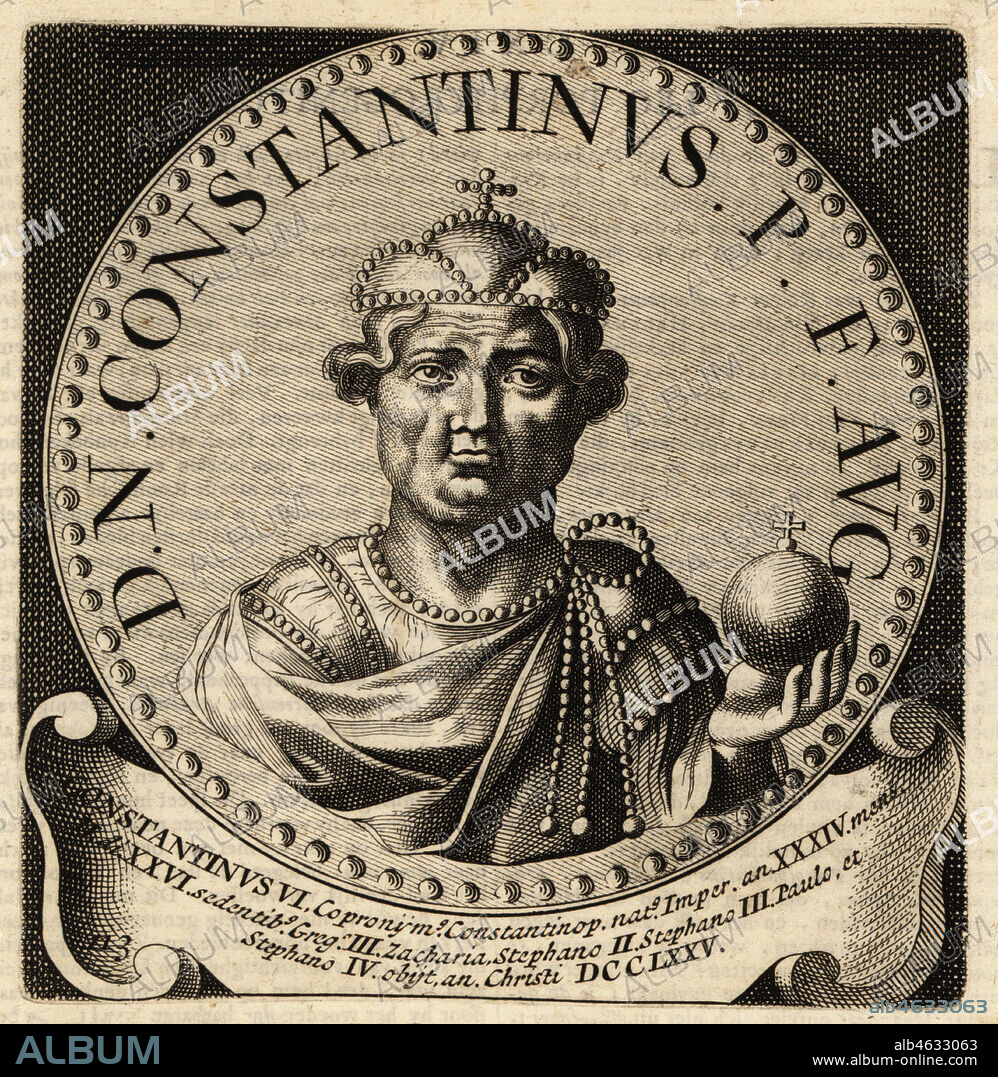 Byzantine Emperor Constantine V, the dung-named, 718-775. Konstantinos V, Kopronymos, Copronymus. Copperplate engraving from Abraham Bogaerts De Roomsche Monarchy, The Roman Monarchy, Francois Salma, Utrecht, 1697.