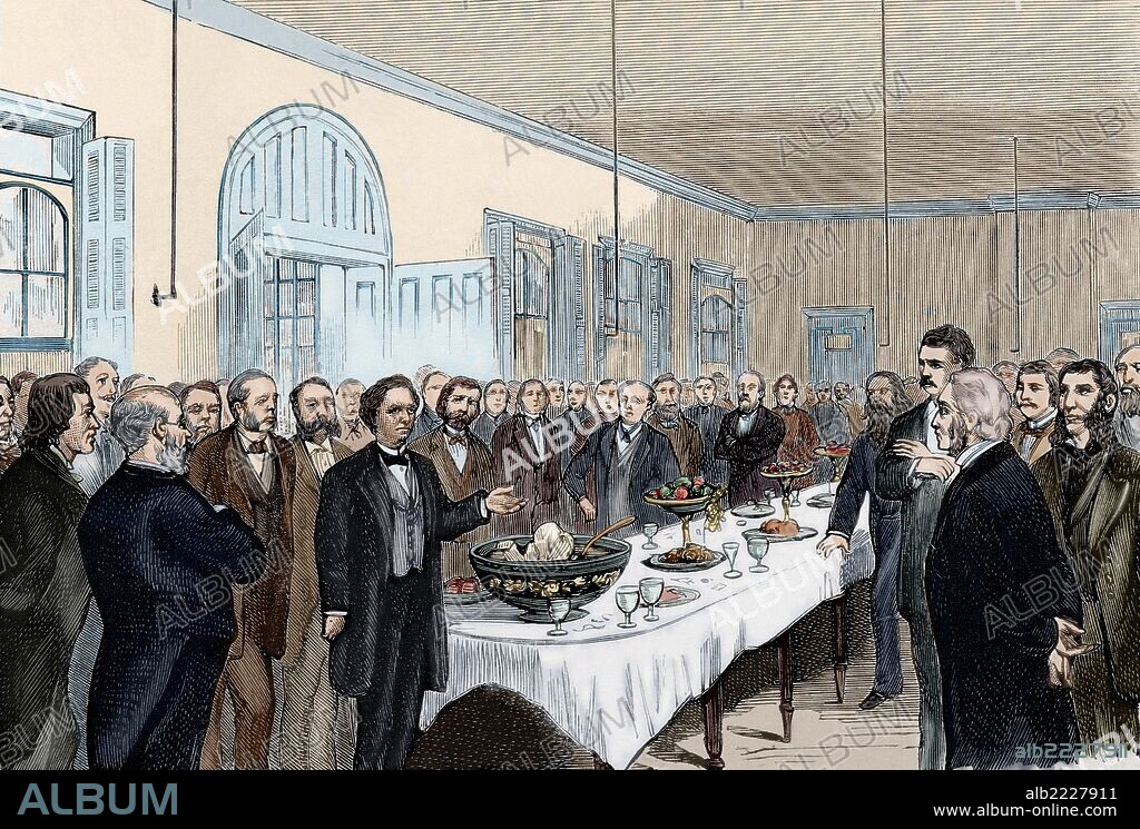 Samuel Hahnemann (1755-1843). German physician, founder of homeopathy. New York. 50th Anniversary of the introduction of homeopathy. Commemorative banquet in the Hospital of Ward's Island. Engraving by Capuz. The Spanish and American Illustration, 1875.  Colored.
