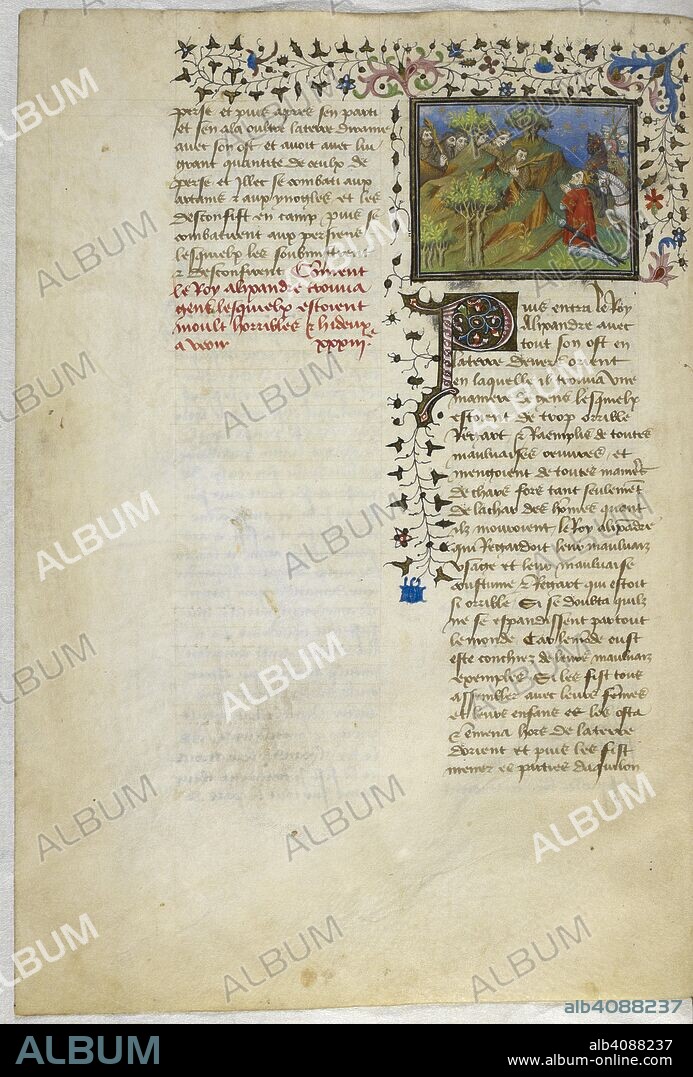 PSEUDO-CALLISTHENES. Miniature shows Alexander the Great praying that mountains may close in upon a wicked tribe of savages. La Vraye Histoire du Bon Roy Alixandre (The Alexander Romance in Old French prose). France; early 15th century. Source: Royal 20 B. XX, f.40v. Language: French.