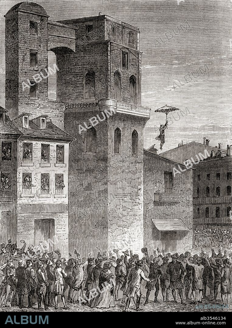 First demonstration of a parachute by Louis-Sébastien Lenormand when he jumped from the tower of the Montpellier observatory, 1783. Louis-Sébastien Lenormand, 1757 -183. French chemist, physicist, inventor and pioneer in parachuting. From Les Merveilles de la Science, published c.1870.